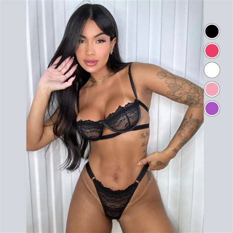 Conjunto Lingerie Gringa Sutiã Meia Taça Em Aro Arco E Calcinha Fio