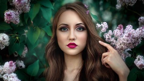 Face Women Model Portrait Flowers Brunette Looking At Viewer Green Eyes Photography