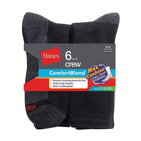 Hanes Mens Comfortblend Max Cushion Crew Socks 6 Pack Black Size 10 13 Mc10 6