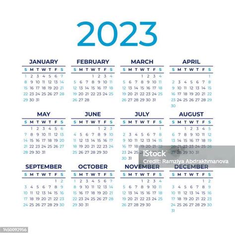 Calendrier 2023 Calendrier Carré Anglais De Couleur Bleue Janvier