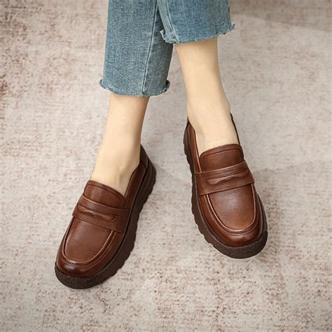 Women Retro Leather Casual Platform Loafers Mocasines Para Mujeres Pumps Mocasines De Cuero