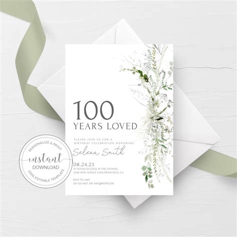 100th Birthday Invitation Template Printable 100th Birthday Etsy