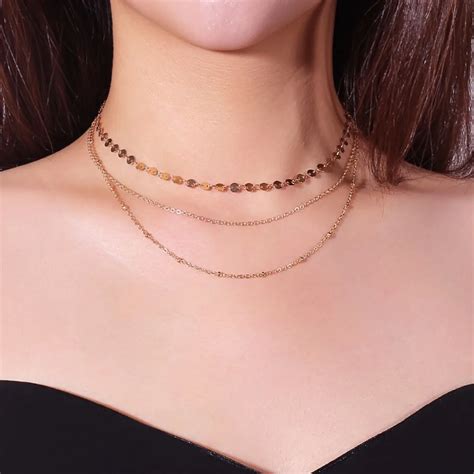 Vintage Gold Chokers Necklace Sexy Multilayer Sequins Choker Beads