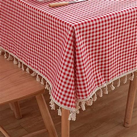 Xmhytop A Checkered Table Cloth Vintage Gingham Checkered Tablecloth With Tassel Red And White