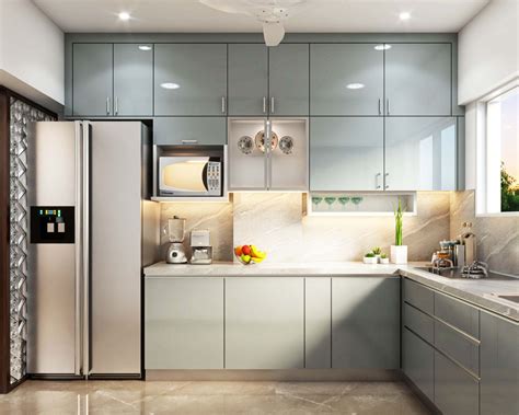 Spacious L Shaped Modular Metallic Grey Kitchen Design Livspace