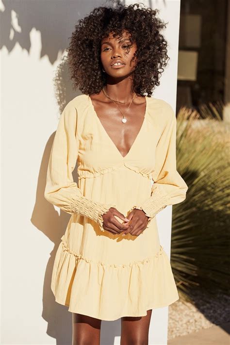 Light Yellow Mini Dress Ruffled Mini Dress Long Sleeve Dress Lulus