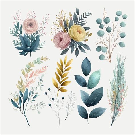 Conjunto de ilustración de ramo floral acuarela rubor rosa azul