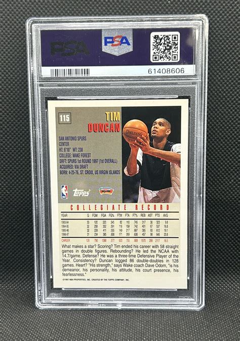 Tim Duncan Rc Psa Gem Mint Topps Rookie Card San Antonio