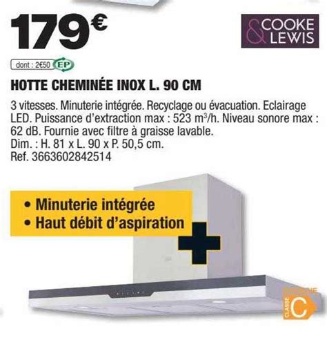 Promo Hotte Cheminée Inox L 90 Cm Cooke Lewis chez Brico Dépôt