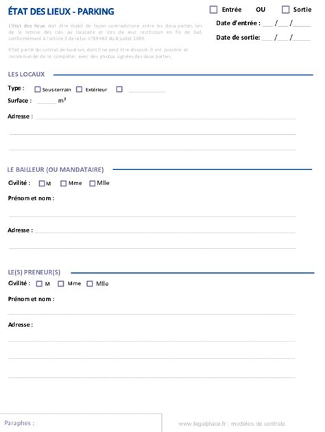 Fillable Online Modle D Tat Des Lieux Pour Une Location De Place De