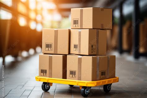 Yellow Trolley With Cardboard Boxes In A Warehouse With Bokeh