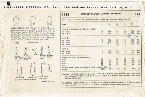 1950s Vintage Simplicity Sewing Pattern 4238 Easy Sleeveless Blouse