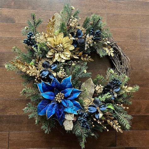 Blue Christmas Wreath, Blue Christmas Door Wreath, Blue Poinsettia ...