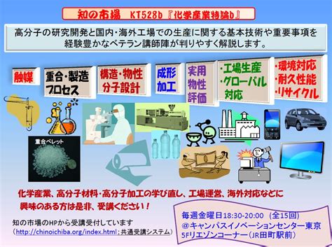 社会人向けの化学産業（特にゴム，プラスチック）の技術と事業化を学ぶ：知の市場2019「化学産業特論b」 プラスチックス・ジャパン・ドットコム