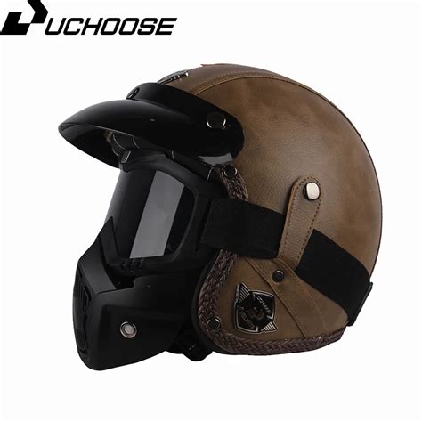 Uchoose Leder Retro Motorrad Helm Offenes Gesicht Helm Roller Helme