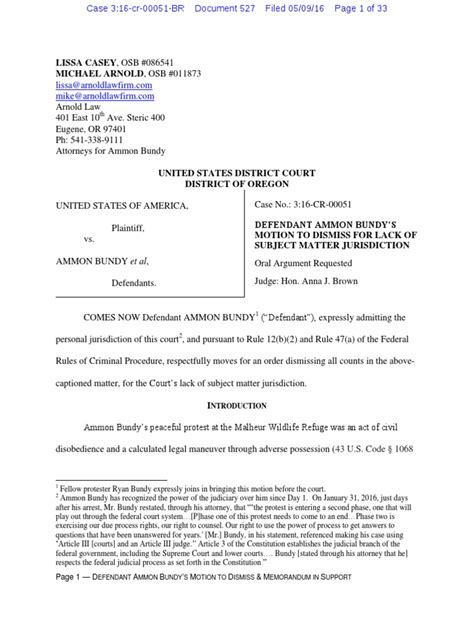 05 09 2016 Ecf 527 Usa V Ammon Bundy Et Al Motion To Dismiss For Lack