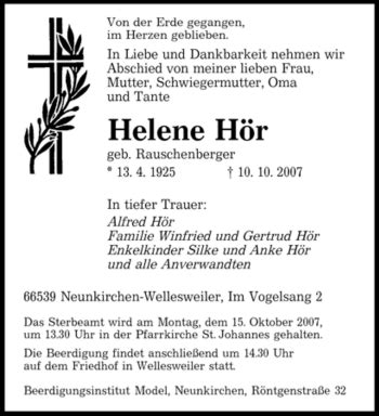 Traueranzeigen von Helne Hör Saarbruecker Zeitung Trauer de