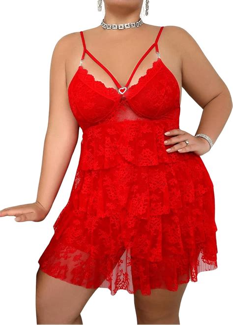 Makemechic Women S Plus Size Floral Lace Lingerie Babydoll V Neck