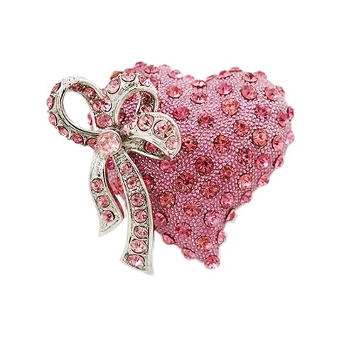 Valentines Day T Romantic Pink Crystal Rhinestone Heart Bow Brooch