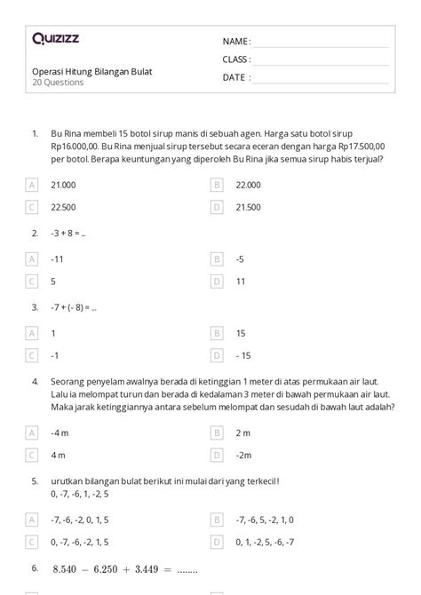 50 Lembar Kerja Operasi Dengan Bilangan Bulat Untuk Kelas 6 Di Quizizz Gratis And Dapat Dicetak