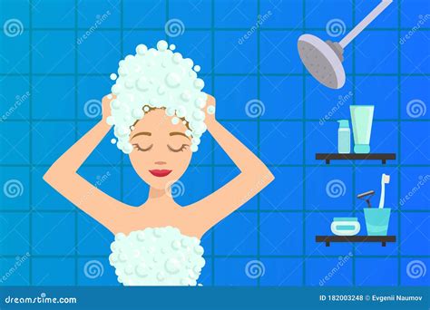 Beautiful Young Woman Washing Her Hair With Shampoo In Bathroom Flat