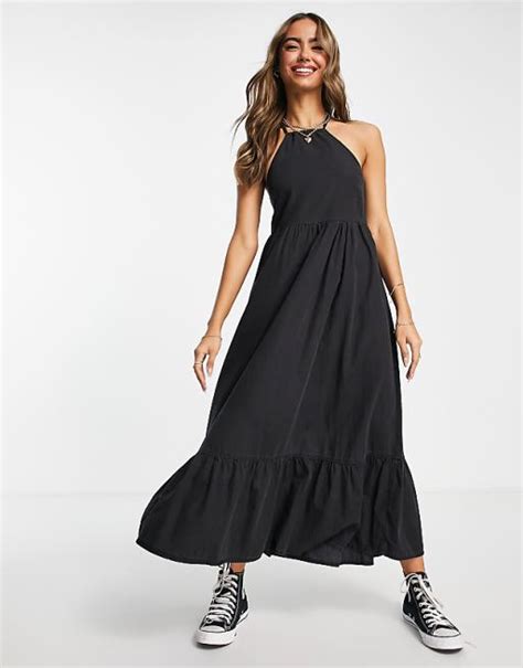 Asos Design Soft Denim Smock Midi Halter Dress In Washed Black Asos