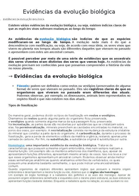 Evidências da evolução biológica 3º ano Evidências da evolução