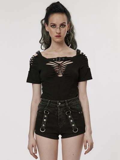 Punk Rave Black Gothic Punk Sexy Hollow Out Short Sleeve T Shirt For