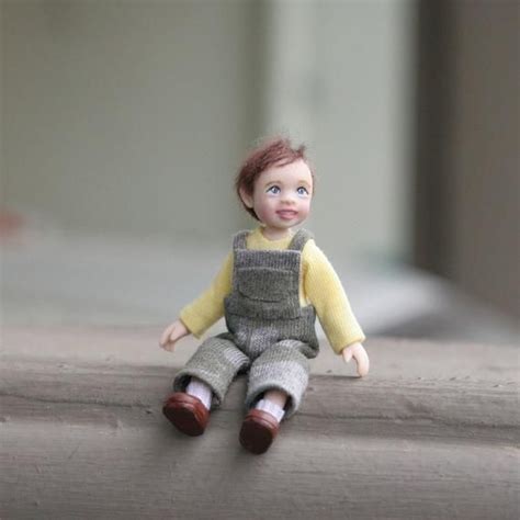 Dollhouse Miniature Boy Ooak Doll In Yellow Top And Camo Overalls 112th Scale Poseable Polyme