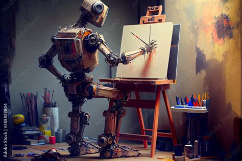 Cyborg Ai robot artist in dark studio next to his easel, painting and paints while working ...