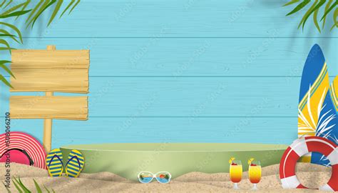 Summer Background With Beach Vacation Holiday Theme With Copy Space On Blue Wooden Wall Vector