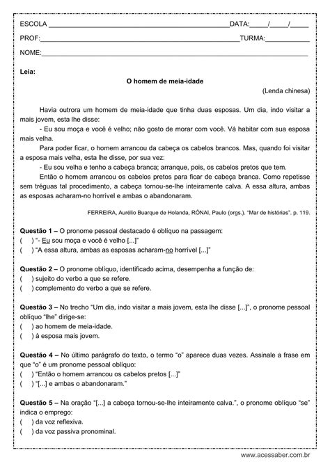 Atividade De Português Pronomes Pessoais Oblíquos 9º Ano