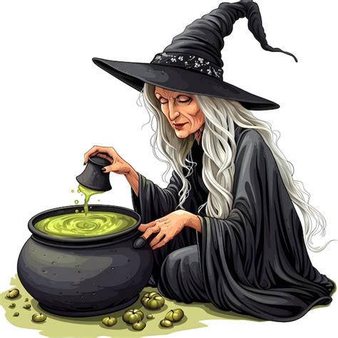 Witch Stirring Cauldron With Green Potion On White Background Premium