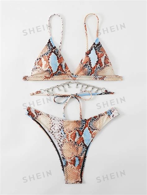 Snakeskin Print Bikini Set Rhinestone Decor Triangle Bra High Cut