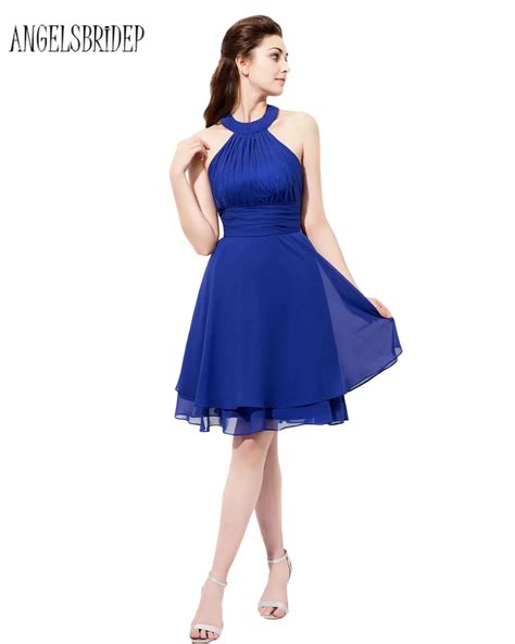 Angelsbridep Short Bridesmaid Dresses Royal Blue Halter Neck Chiffon Mini Party Dress Prom