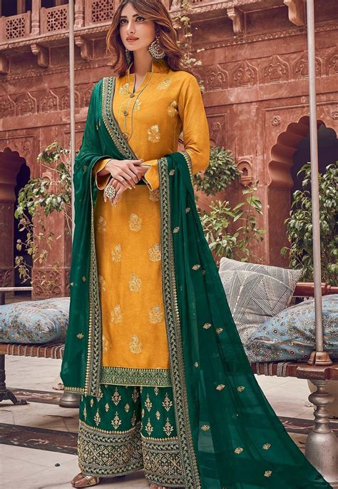 Yellow Green Jacquard Embroidered Palazzo Suit 6706 Indian Suits For