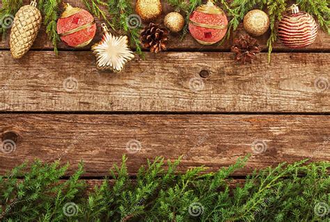 Vintage Christmas Background Old Wood And Pine Branch Stock Photo