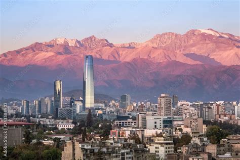 Aaerial View Of Santiago Skyline At Sunset With Andes Mountains