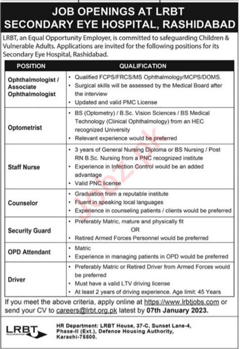 Lrbt Secondary Eye Hospital Karachi Job Job Advertisement