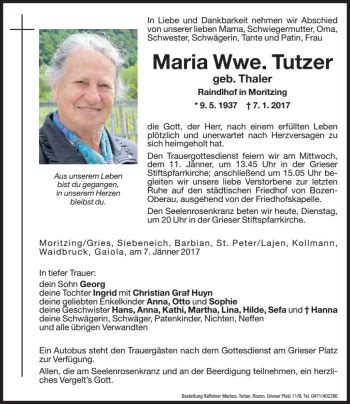 Traueranzeigen Von Maria Tutzer Trauer Bz