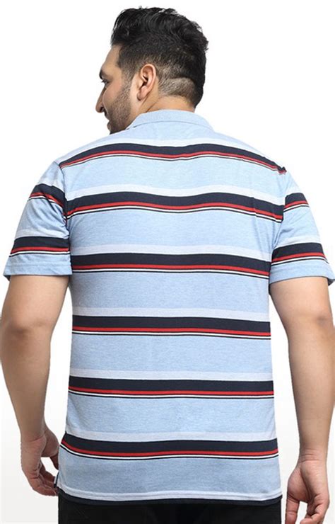 Venitian Men Plus Size Striped Polo Neck Cotton Blue T Shirt With Pocket