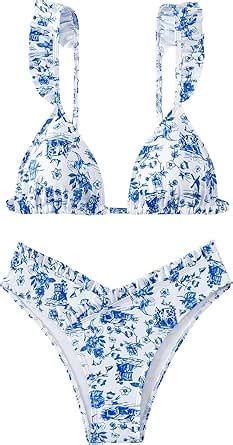Amazon RoseSeek Women S 2 Piece Bikini Sets High Cut Ruffle Trim Triangle Floral Bathing