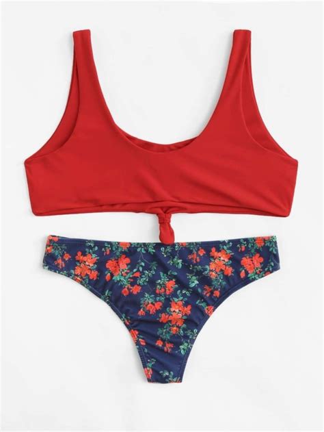 Knot Front Top With Botanical Print Bikini Set