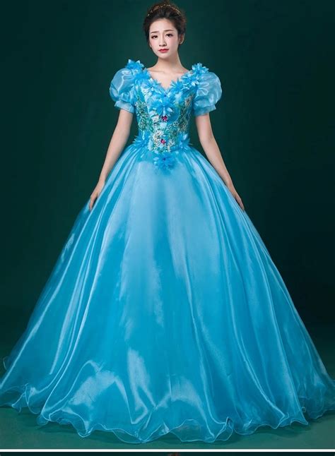 blue floral bubble sleeve ball gown princess dress royal medieval dress ...