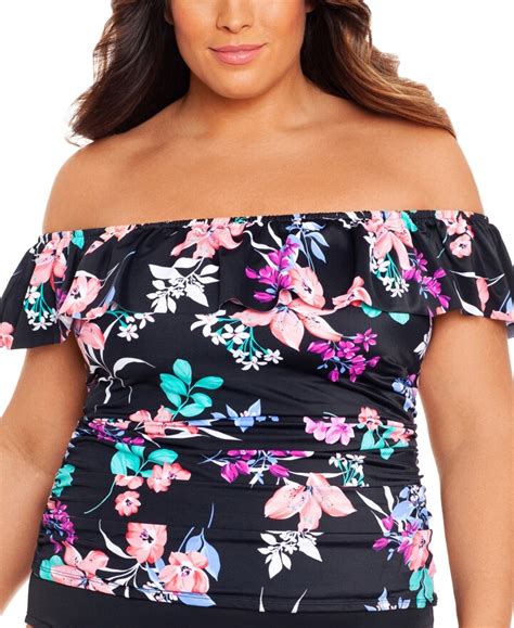 Swim Solutions Plus Size Printed Ruffled Off The Shoulder Tankini Top