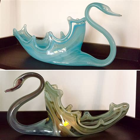 Mid Century Modern Collectible Blown Glass Swans Vintage Blown Glass Swans Aqua Blue And Varieg