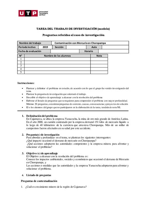 Semana 5 Tarea 1 Modelo TAREA DEL TRABAJO DE INVESTIGACIN