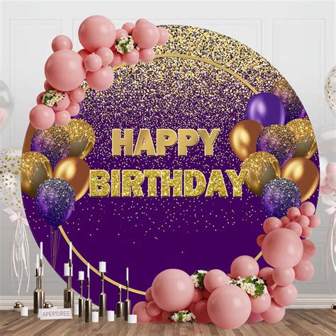 Purple Gold Glitter Balloons Round Birthday Backdrop Aperturee