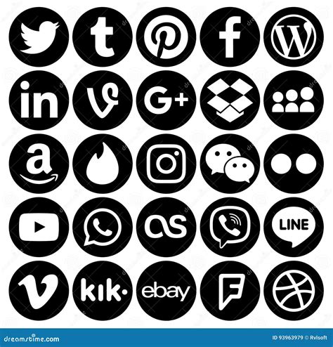 Collection Of Popular Black Round Social Media Icons Editorial Stock