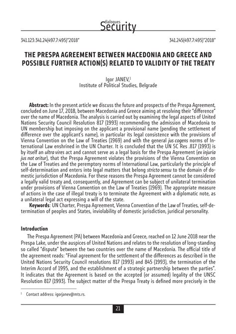 Pdf The Prespa Agreement Between Macedonia And Greece And Possible